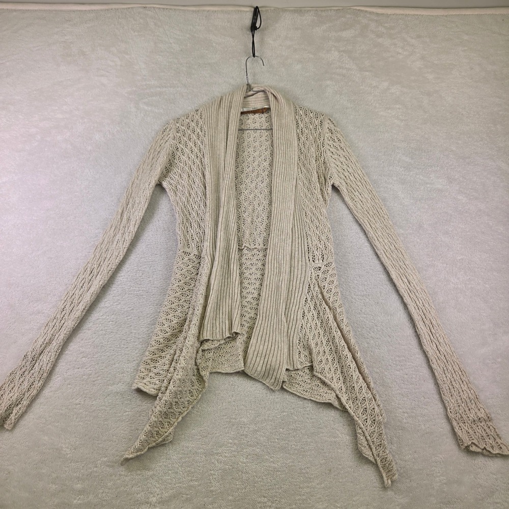 Belldini Beige Pointelle Crochet Open Front Sharkbite Hem Cardigan Small